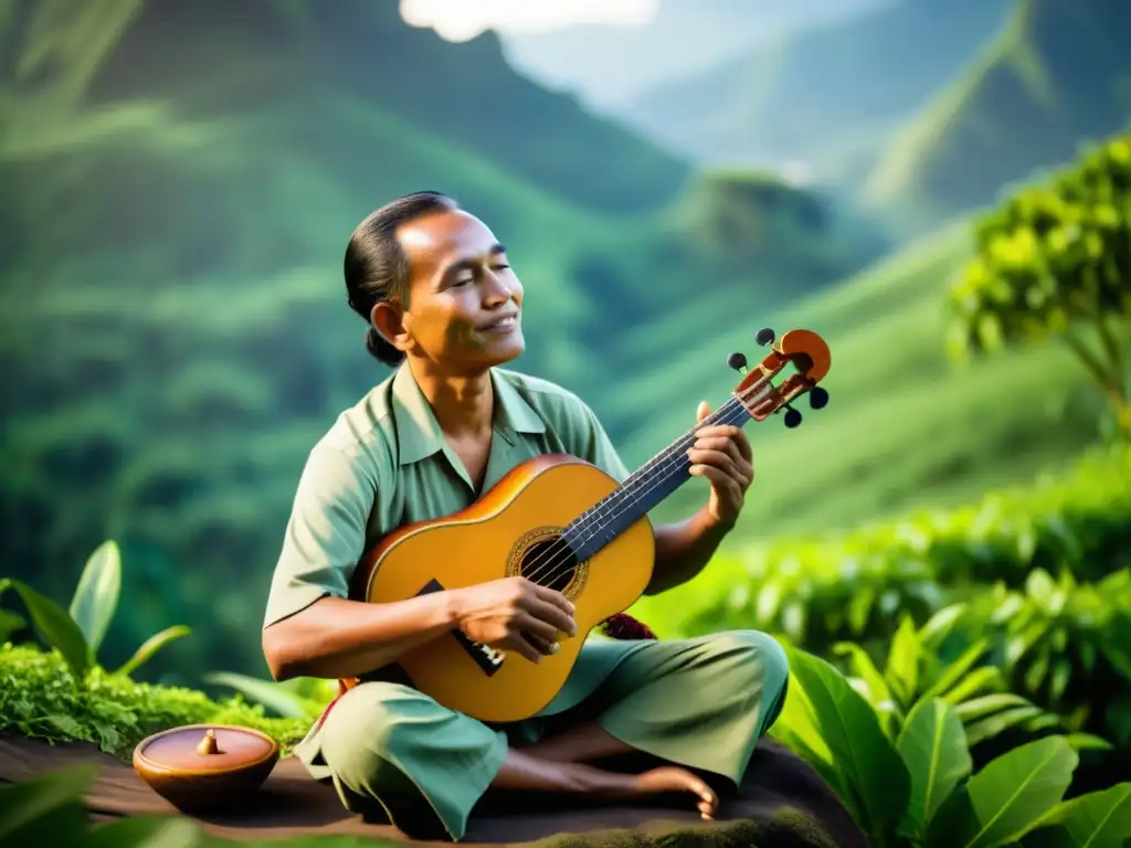 Un músico Sundanés toca la cítara en un paisaje exuberante, evocando amor por la naturaleza y la cultura Kacapi Sundanés