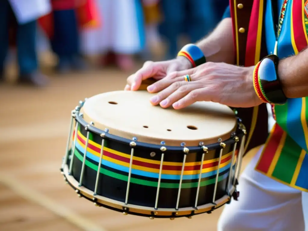 Un músico toca con maestría una pandereta asturiana tradicional durante un festival vibrante, creando patrones rítmicos