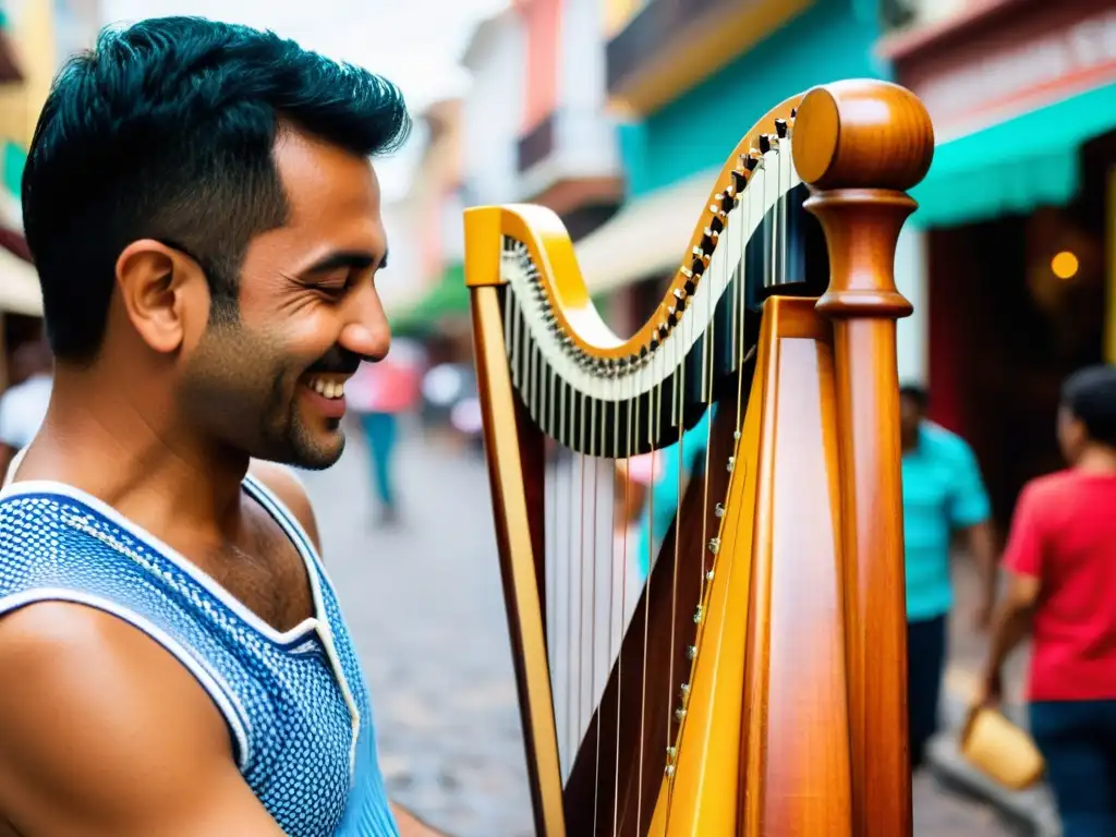 Un músico toca el arpa paraguaya en una calle vibrante de Asunción, fusionando lo tradicional con lo contemporáneo