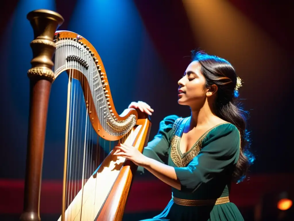 Un músico toca el arpa paraguaya en un escenario, con luces vibrantes y una audiencia entusiasta