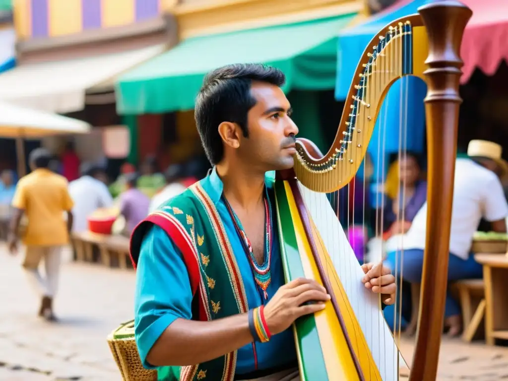 Un músico paraguayo toca el arpa en un mercado bullicioso