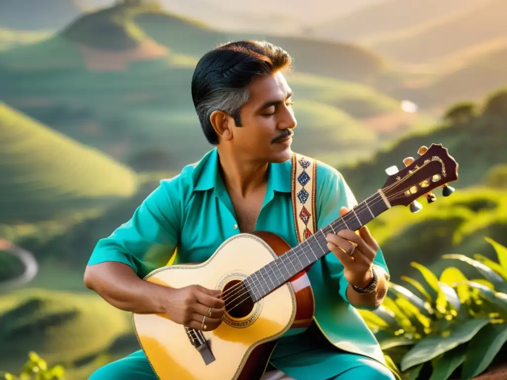 Un músico paraguayo toca una guitarra tallada a mano, con símbolos indígenas, en un paisaje campestre