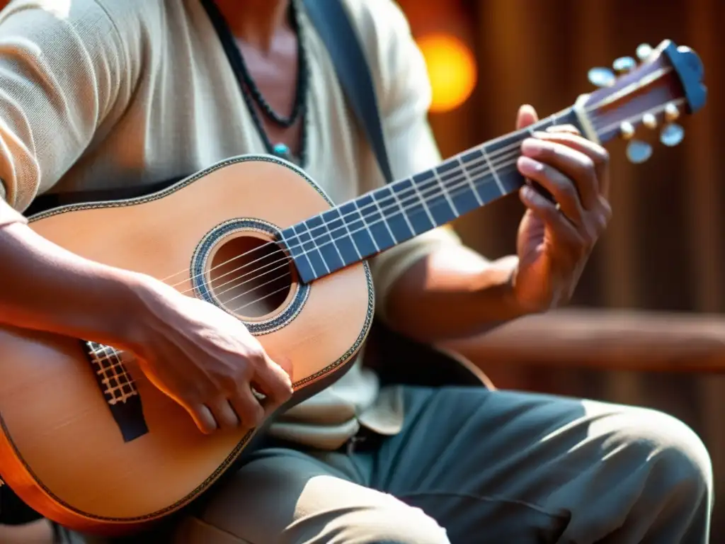 Un músico hábil ejecuta con pasión el charango, instrumento andino, resaltando la artesanía y la cultura en una atmósfera cálida de luces de escenario