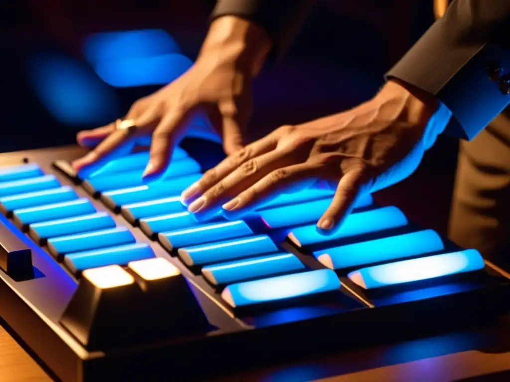 Un músico concentra su pasión y destreza en pads de percusión MIDI para ritmos, iluminados por cálida luz de escenario