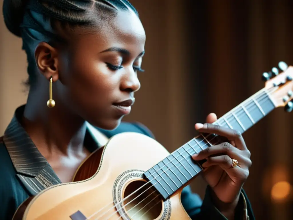 Un músico interpreta con pasión una lira, destacando los detalles de las cuerdas y su expresión emotiva