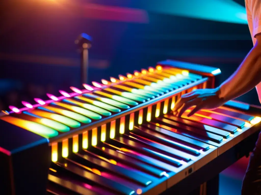 Un músico toca con pasión una marimba electrónica moderna en el escenario durante un concierto, fusionando tradición y tecnología