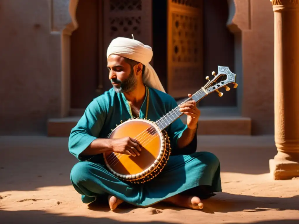 Un músico hábil toca un rebab árabe en un patio iluminado por linternas, capturando la historia y sonido del rebab árabe con emoción y detalle