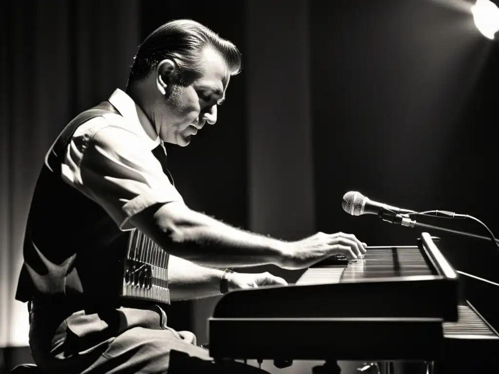 Un músico toca una pedal steel guitar en un escenario tenue, evocando la nostalgia y el origen del pedal steel guitar en la música country