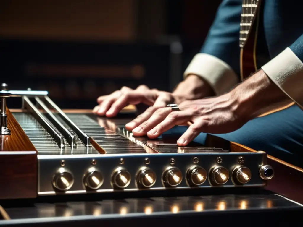 Un músico toca con pasión una pedal steel guitar vintage en un escenario tenue, destacando sus detalles y expresión emocional