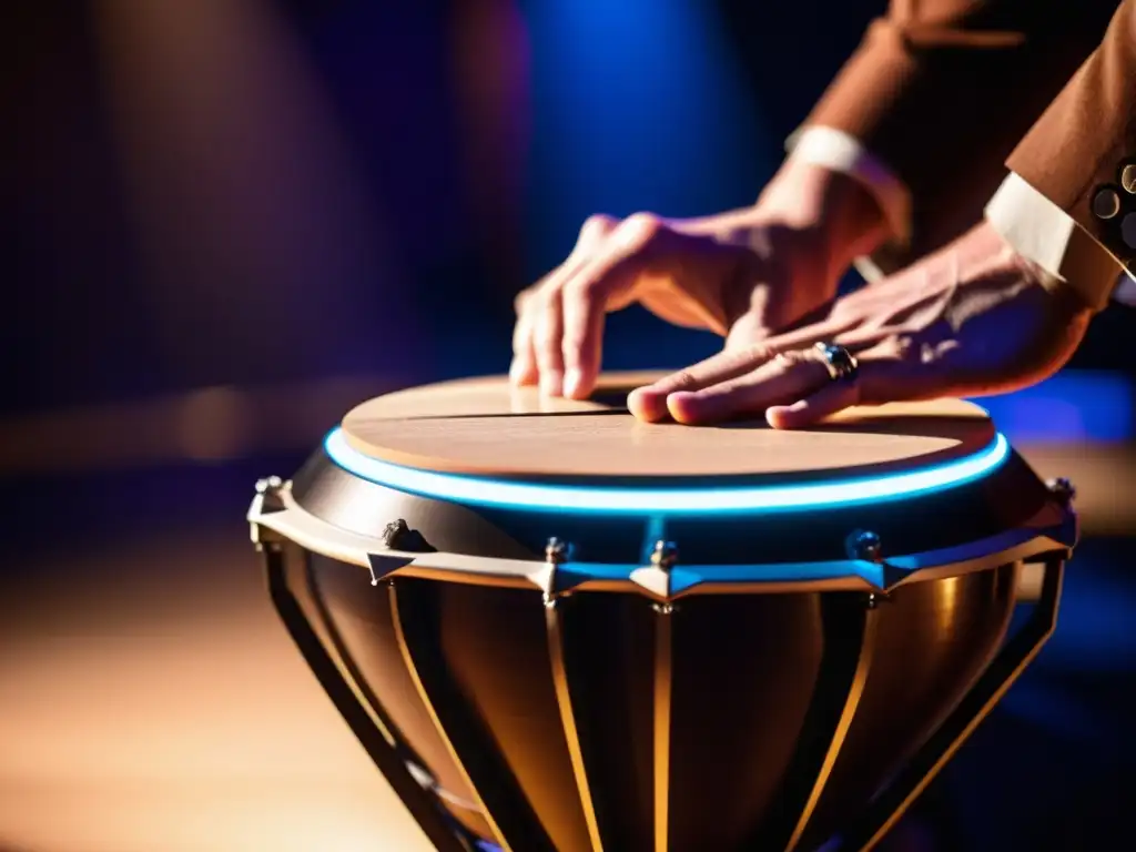 Un músico toca apasionadamente un Zendrum: percusión digital innovadora en el escenario, con detalles intrincados y energía dinámica