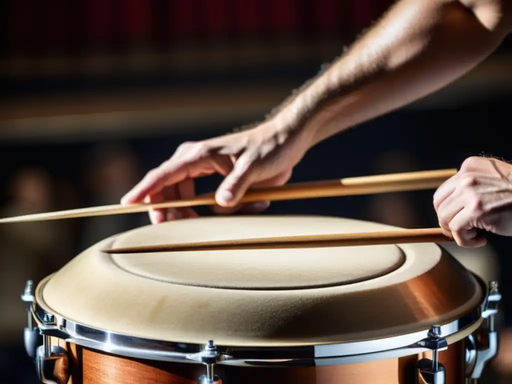 Intensidad percusiva: manos de músico en timbal Un músico de percusión en plena actuación en la ópera, mostrando intensidad y precisión