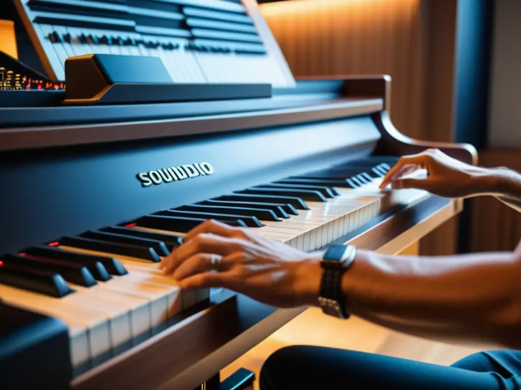 Un músico toca un piano digital de alta tecnología en un estudio de grabación moderno