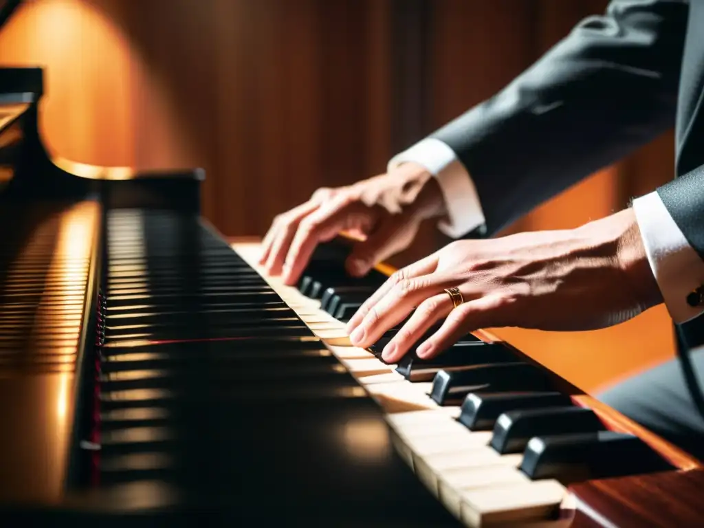 Un músico interpreta apasionadamente el piano, con manos bañadas en cálida luz escénica