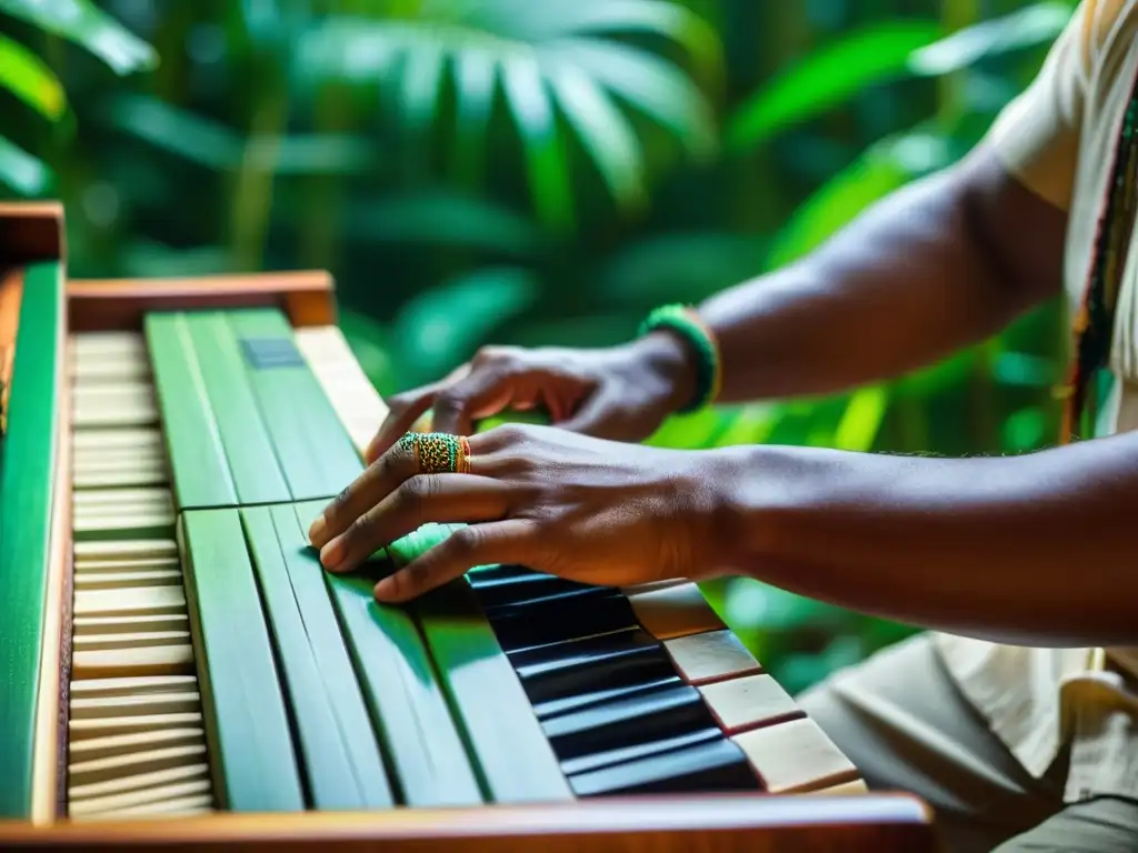 Un músico indígena toca el Piano de la Selva en la exuberante selva amazónica, rodeado de vegetación vibrante y luz etérea