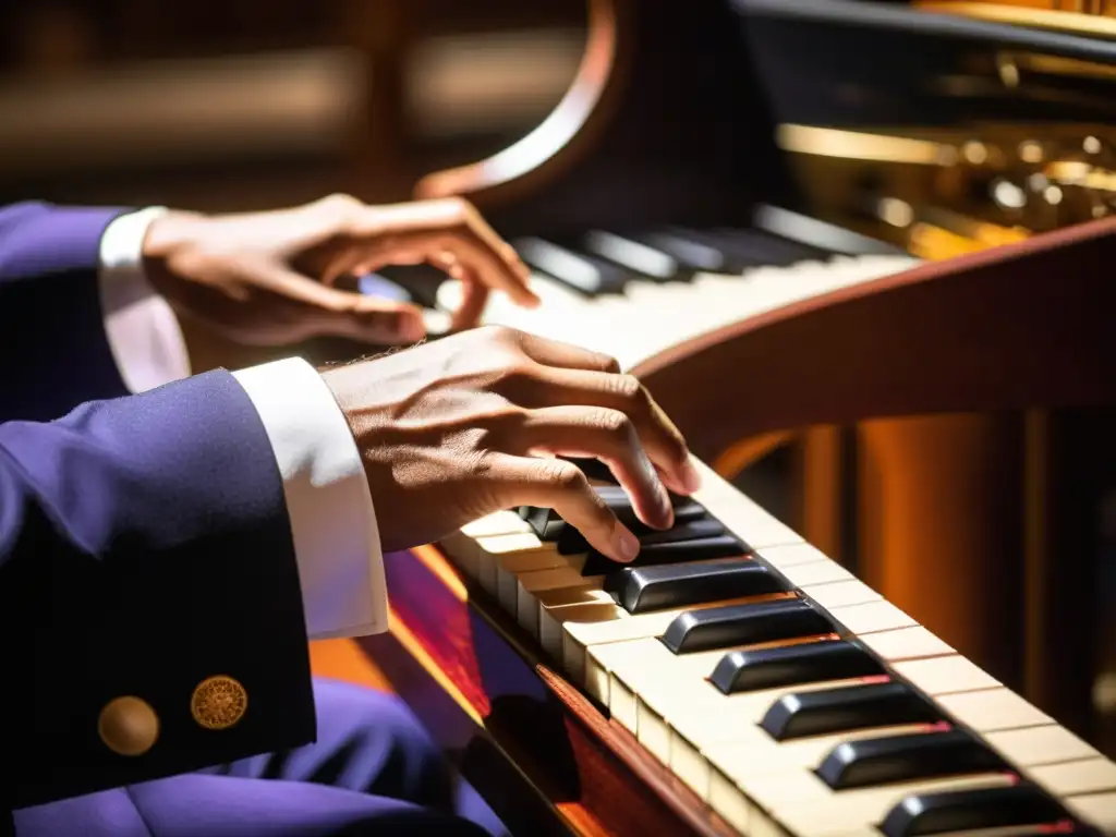 Un músico de piccolo concentrado, tocando con precisión en una majestuosa orquesta