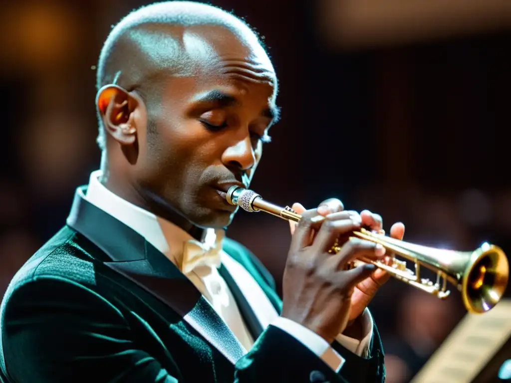 Un músico tocando apasionadamente el piccolo en un gran auditorio, evocando la historia del piccolo en orquesta con intensidad y destreza