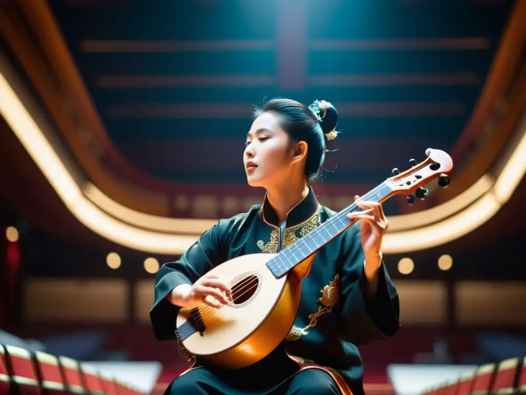 Músico tocando una pipa china en un concierto, destacando la integración de instrumentos musicales asiáticos en Occidente