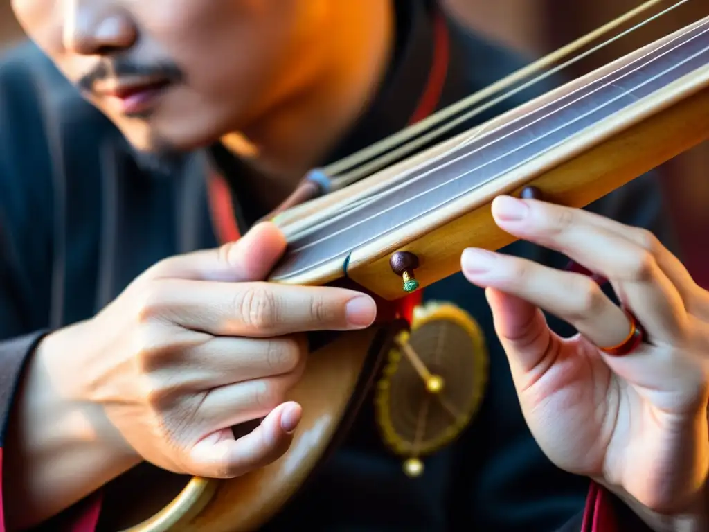 Un músico hábil interpreta la pipa china con movimientos delicados, destacando la técnica de interpretación de pipa china