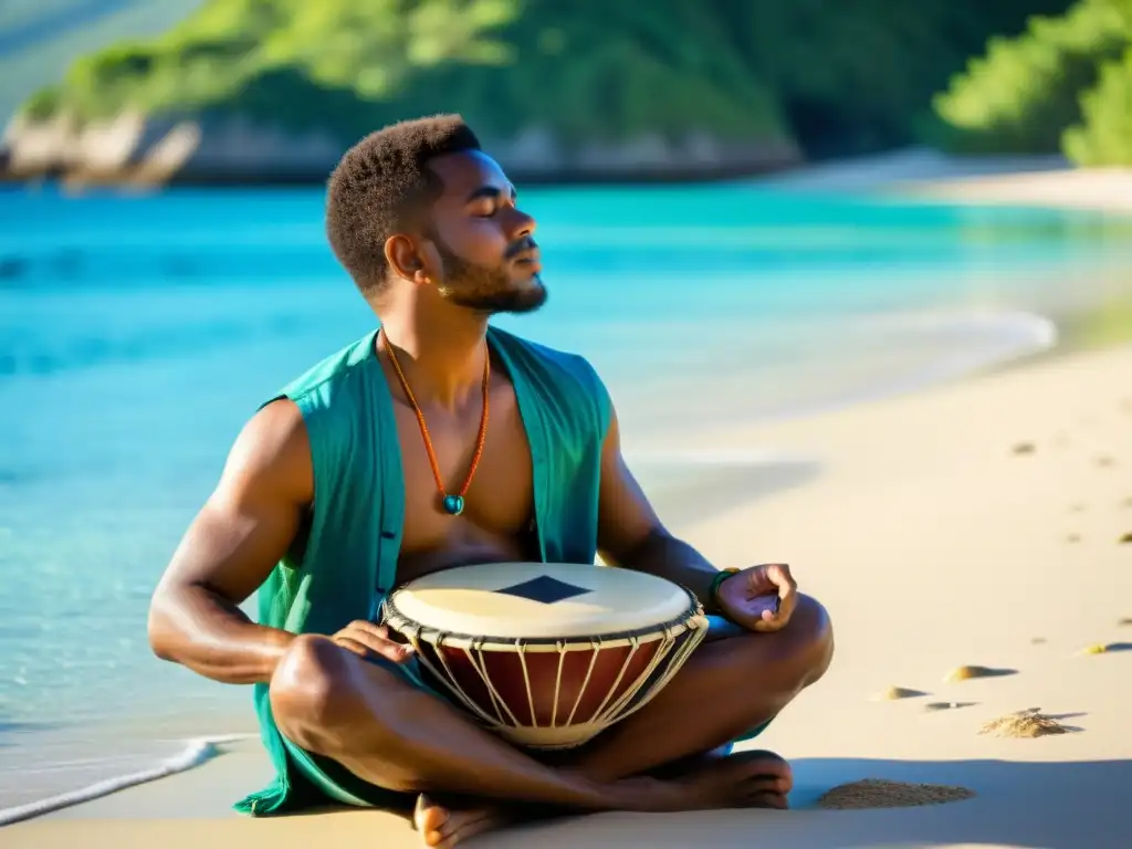 Un músico toca un Hang Drum en una playa soleada, rodeado de naturaleza