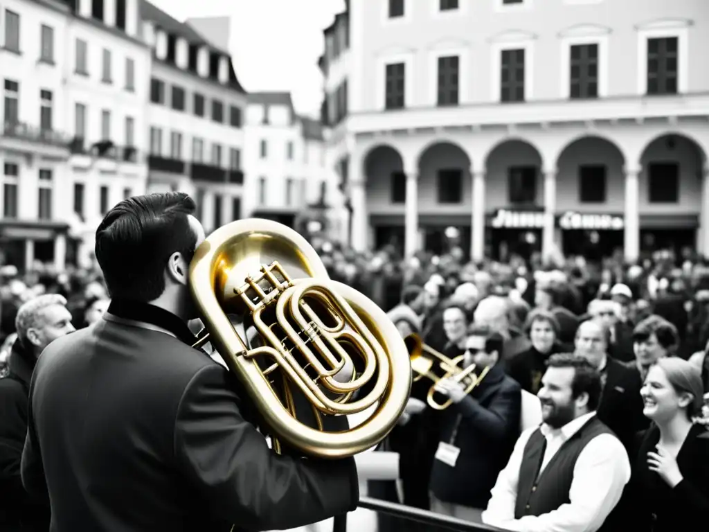 Un músico toca una tuba en una plaza europea, rodeado de espectadores fascinados