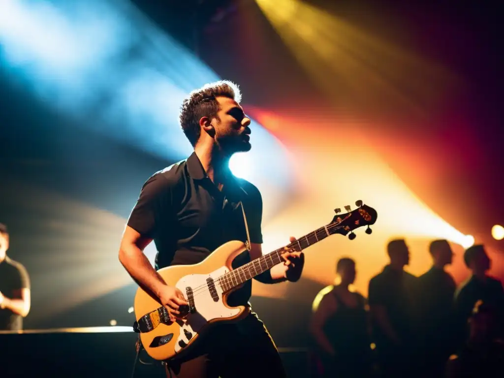 Un músico en pleno concierto, con tecnología de seguimiento de movimiento en escena, capturando la energía de la música en vivo