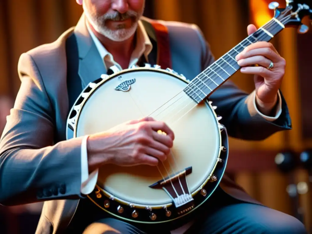 Un músico hábil pluckea las cuerdas de un banjo eléctrico en una actuación de música folk, mostrando la fusión de elementos tradicionales y modernos