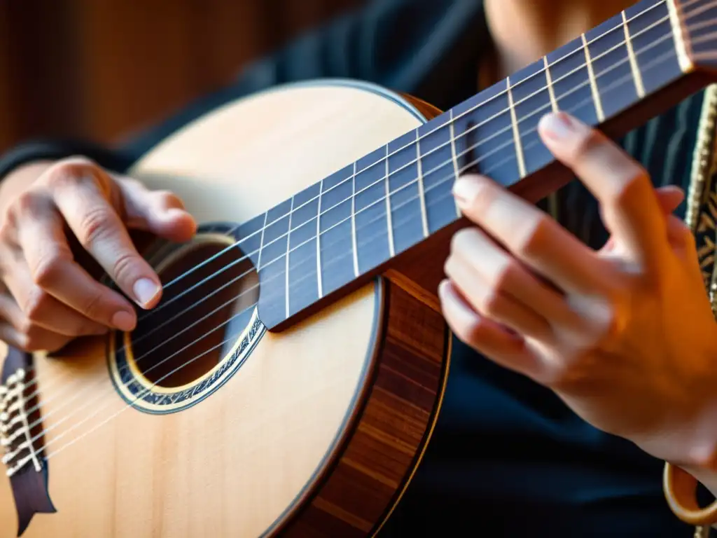 Un músico hábil pluckea las cuerdas de un cittern bellamente elaborado, mostrando su diseño detallado y expresión concentrada