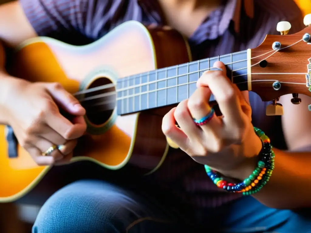 El hábil músico pluckea el ukelele, con pulseras coloridas