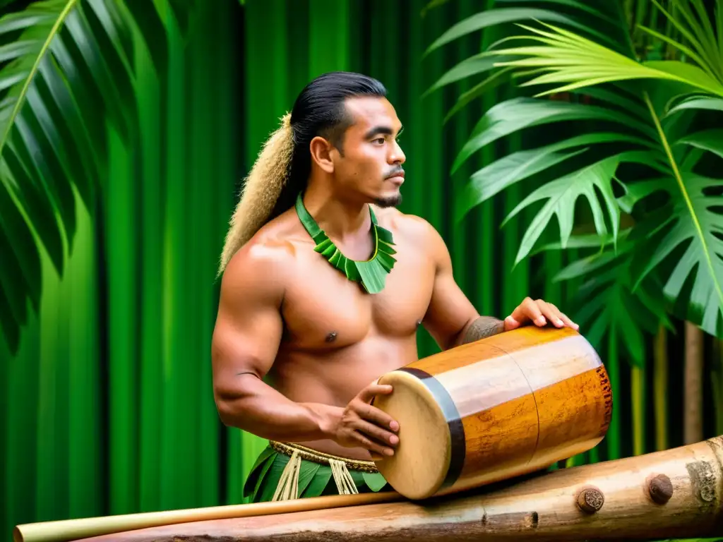 Un músico polinesio toca el to'ere en un entorno tropical exuberante, capturando la esencia del sonido polinesio y la percusión de tronco