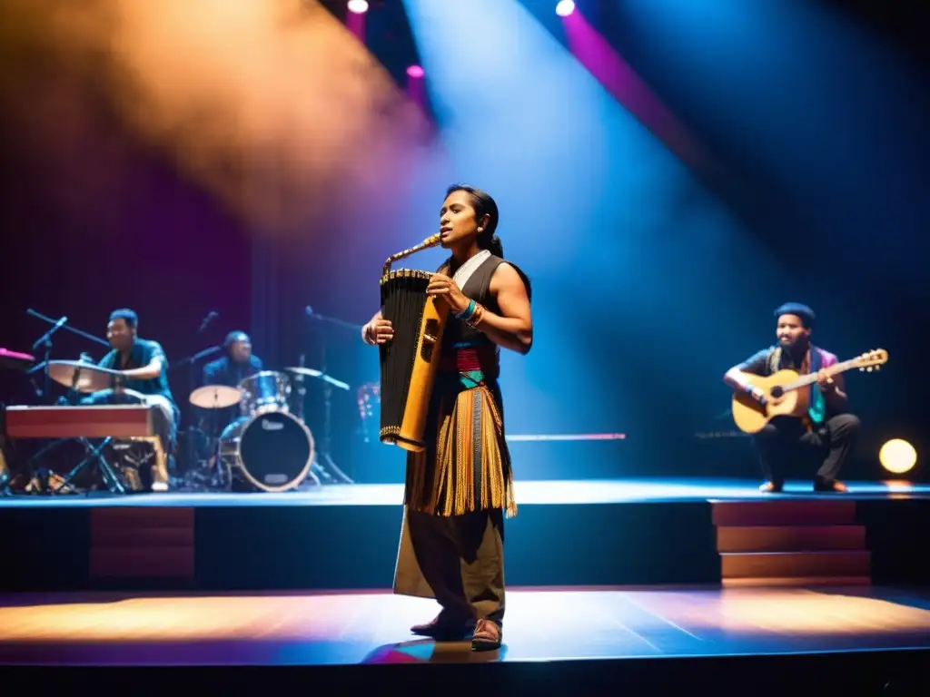 Un músico pop contemporáneo toca un instrumento indígena en un escenario moderno, rodeado de una audiencia diversa