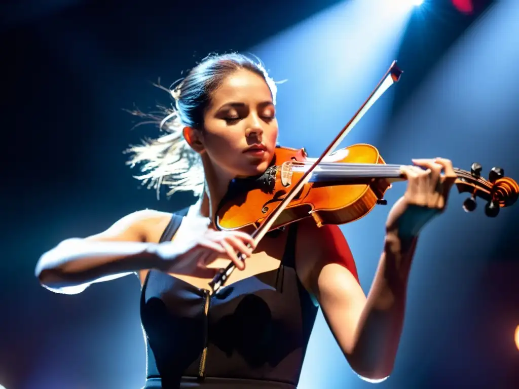 Un músico pop contemporáneo tocando el violín con pasión en vivo