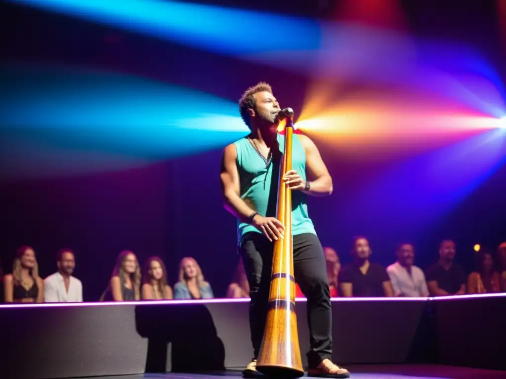 Un músico pop moderno tocando el didgeridoo en un concierto en vivo, con luces vibrantes en el escenario