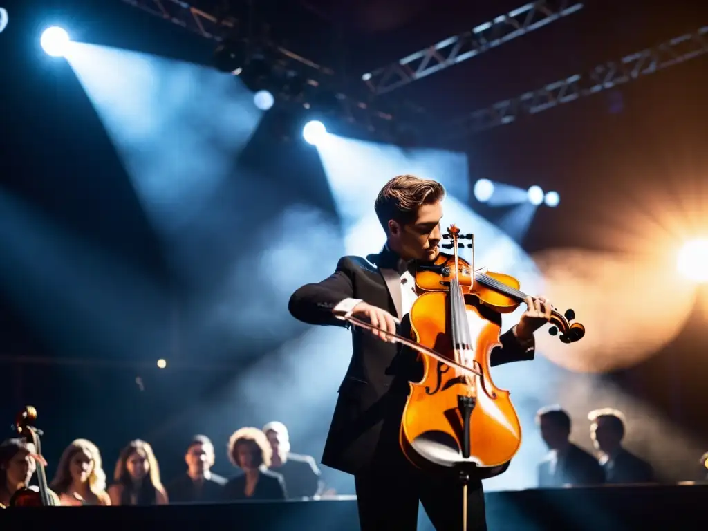 Un músico pop interpreta con pasión su violín en el escenario, fusionando lo clásico y moderno