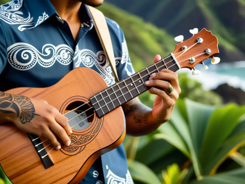 Un músico toca un ukelele portugués en un paisaje de Hawái, transmitiendo la rica historia del ukelele en Hawái