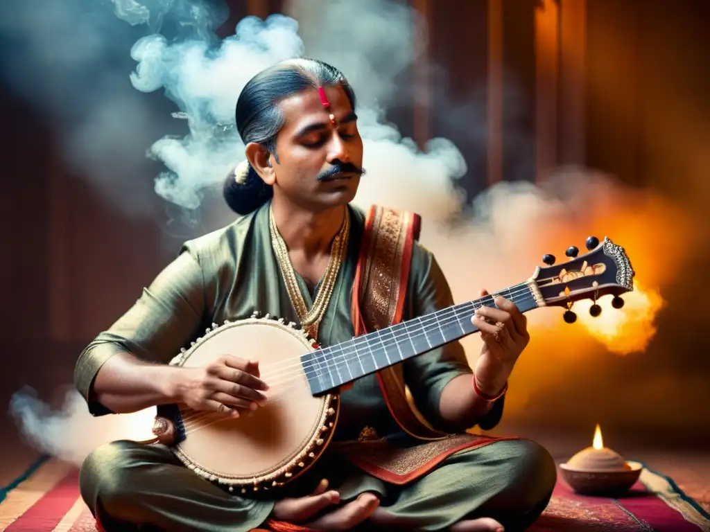 Un músico de sitar en una pose meditativa, rodeado de humo de incienso y luz suave