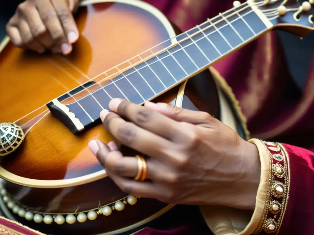 Un músico hábil toca el sitar con precisión, mostrando la historia y técnica del sitar con autenticidad y arte