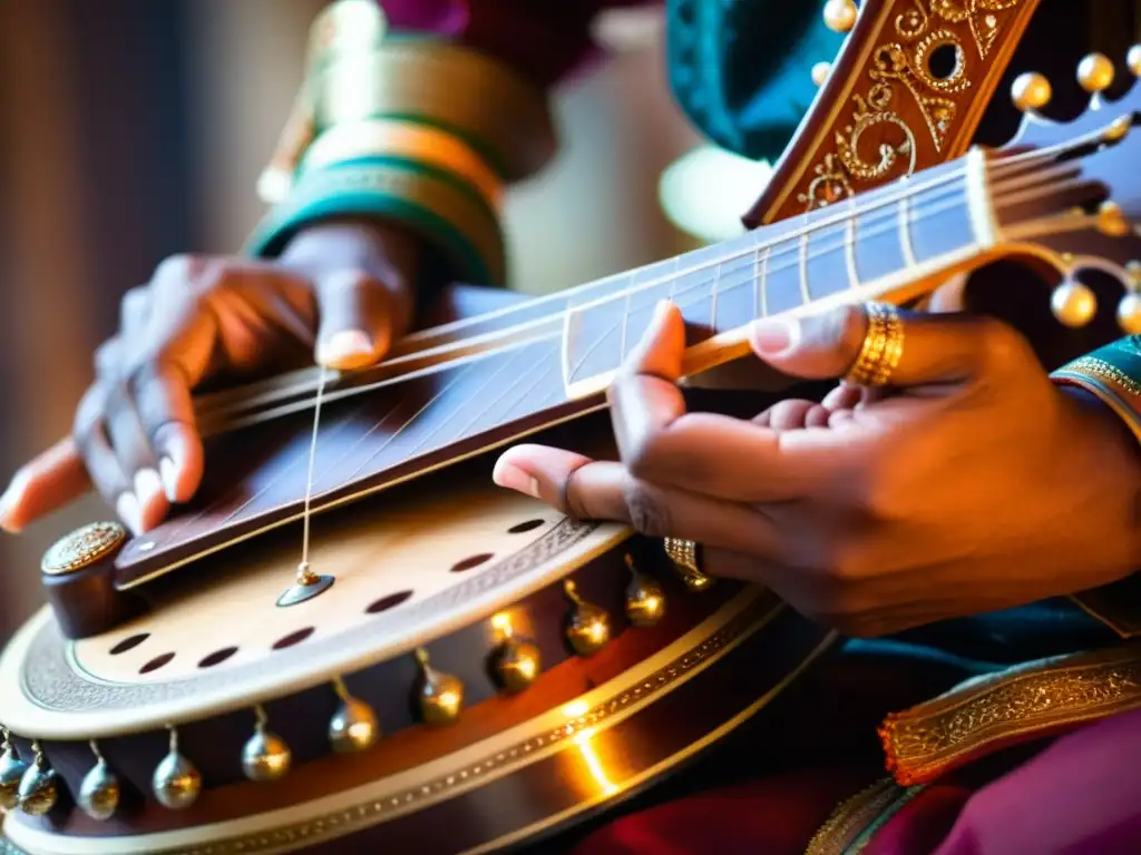 Un músico hábil toca el sitar con precisión, resaltando la importancia espiritual del sitar en la India