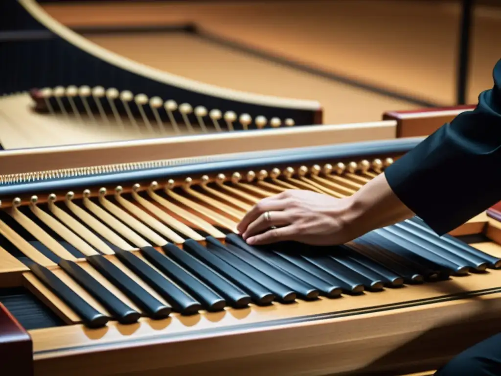 Un músico ejecuta con precisión un koto japonés en un escenario contemporáneo, fusionando la música tradicional japonesa con influencias occidentales