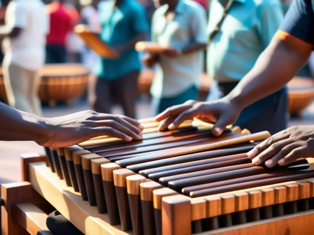 Un músico toca con precisión una marimba africana en un vibrante mercado, iluminada por el sol