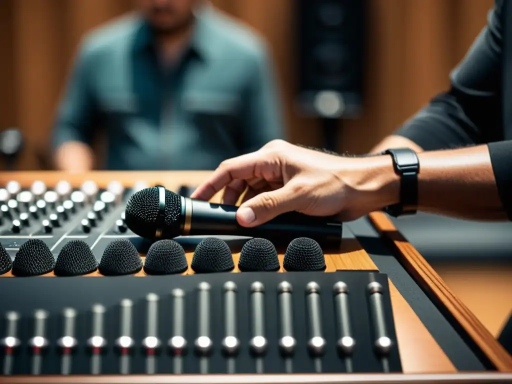 Un músico ajusta con precisión un micrófono ambisonic en una grabación de instrumentos