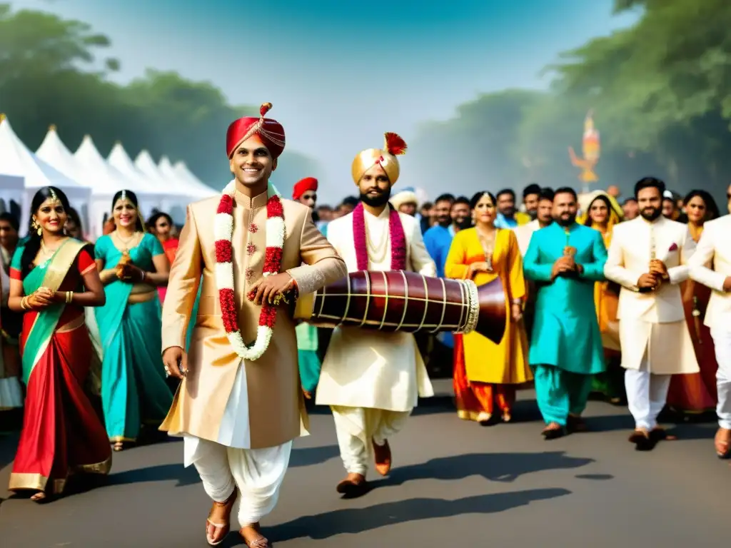 Un músico toca el shehnai en una procesión de boda tradicional india, resaltando la riqueza cultural del instrumento