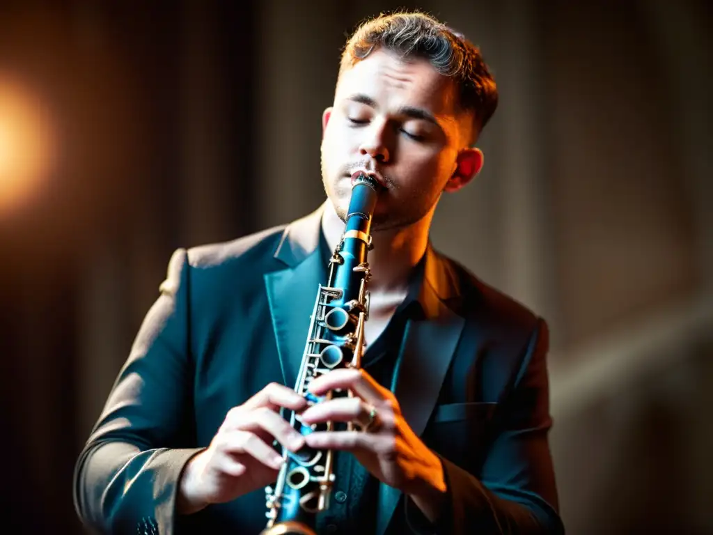 Un músico profesional toca el clarinete bajo en jazz con pasión y concentración