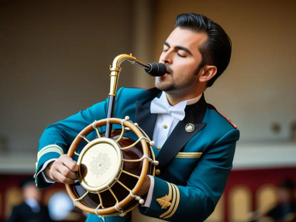 Un músico profesional toca el bombardino con pasión en una banda tradicional