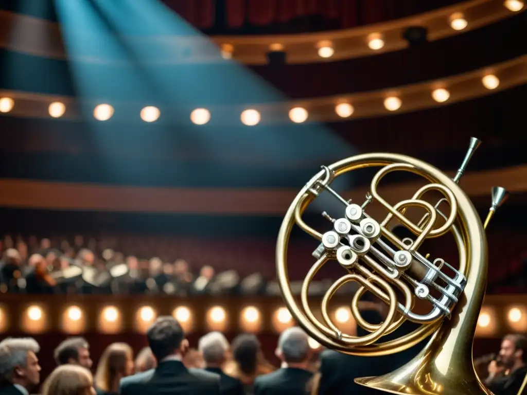 Un músico profesional de cuerno francés interpreta con pasión en un concierto, mostrando maestría y emoción