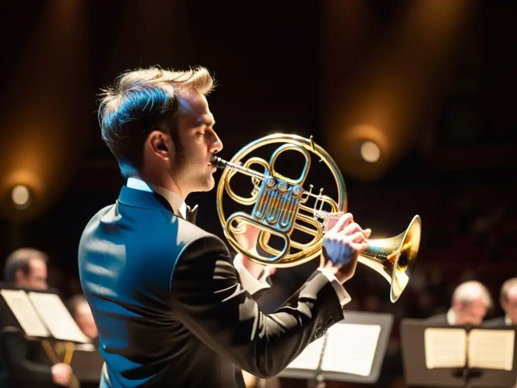 Un músico profesional de cuerno francés actuando en un majestuoso concierto, destacando la historia del cuerno francés en la música clásica