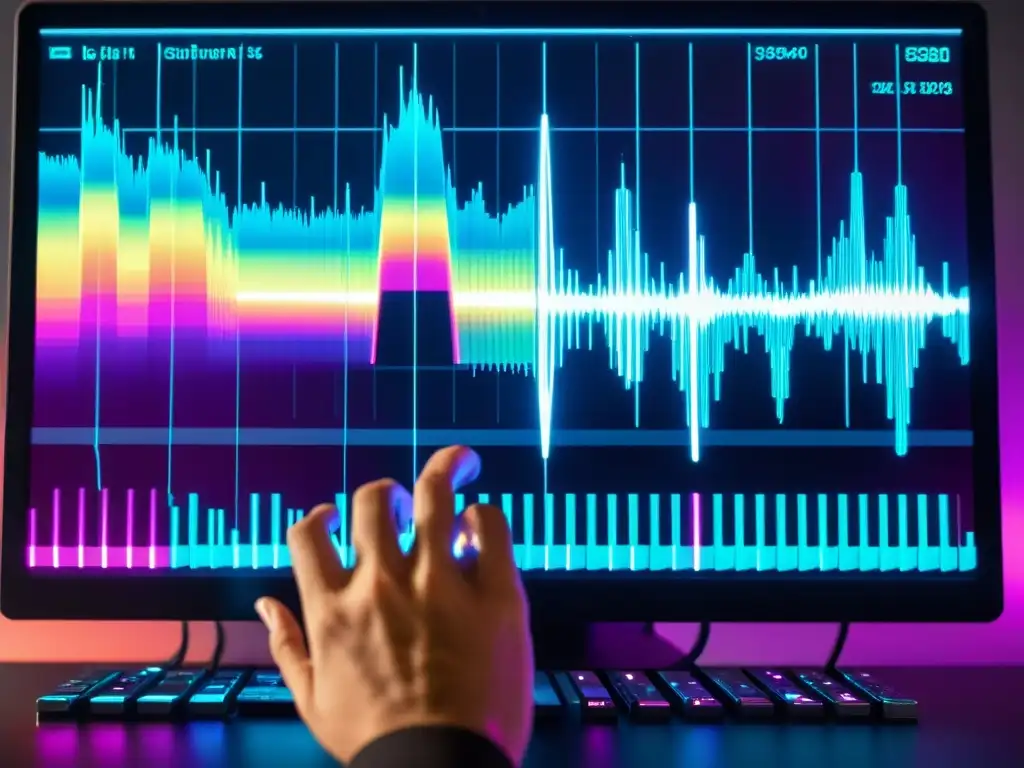 Un músico profesional ajusta con destreza una onda sonora en un interfaz digital, creando sonidos únicos con instrumentos digitales