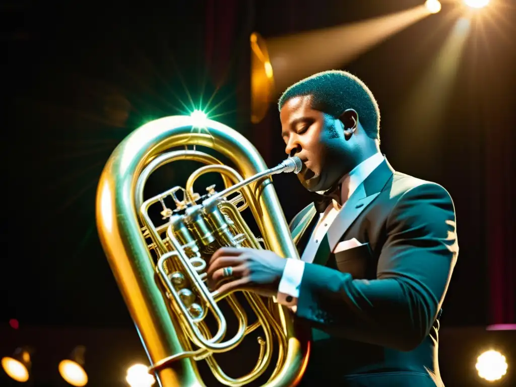 Un músico profesional toca la tuba en el escenario, destacando la importancia cultural de la tuba en la música orquestal moderna