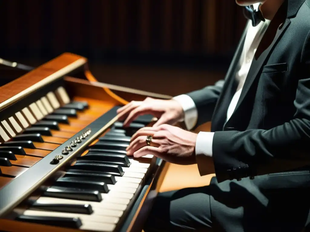 Un músico profesional toca el heckelphone en un escenario oscuro, concentrado