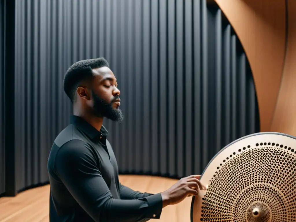 Un músico profesional toca un instrumento tradicional en un estudio de sonido espacial 3D de vanguardia