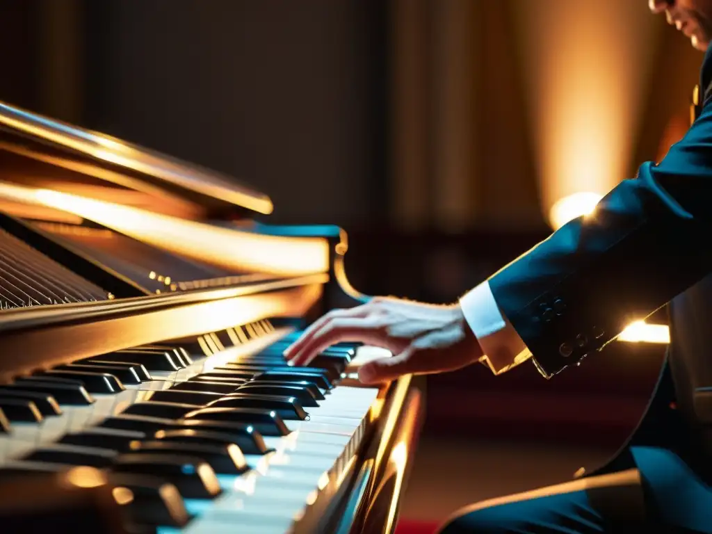 Un músico profesional toca el fagot en un majestuoso salón de conciertos, destacando la intensidad y emoción de su interpretación